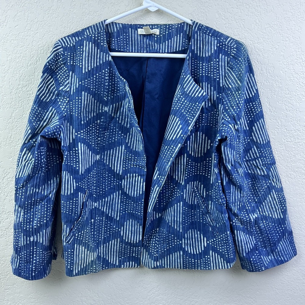 EILEEN FISHER Hand Printed Organic Cotton Jacket Womens S Blue Indigo Geometric*